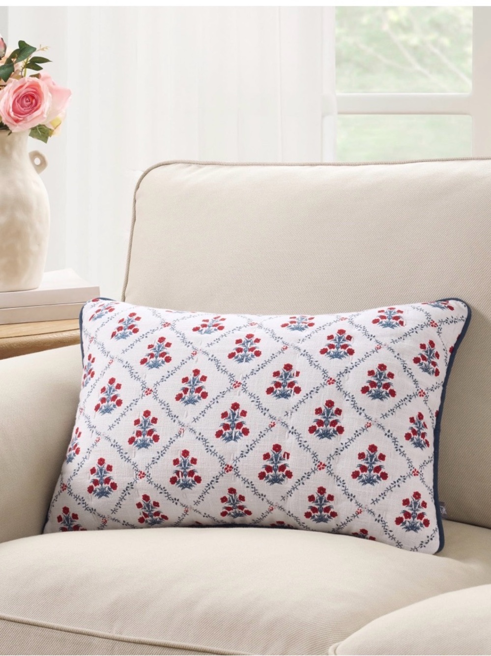 My Texas House Poppy Trellis 14x 20 Embroidered Red & Blue Floral Lumbar Pillow